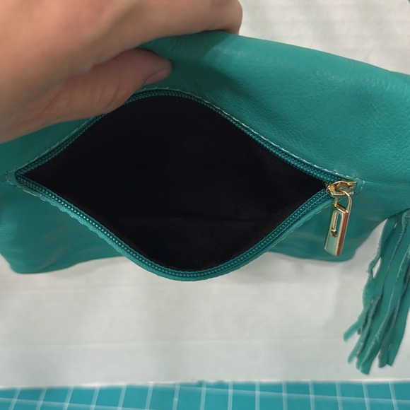 Made in Italy Genuine Leather Teal Crossbody Handbag with Zipper Tassel - Picture 6 of 10